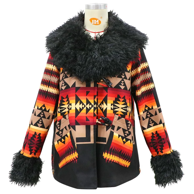 

Женское шерстяное пальто с длинным рукавом, винтажное теплое пальто в стиле ретро с принтом тотема, свободный стиль, Осень-зима 2021