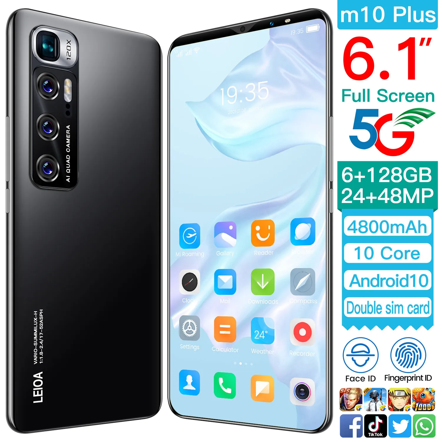 

XIAOM10 Plus 6.1 Inch 6+128GB 24+48MP 4800mAh Andriod10.0 Cellphones Dual SIM+Micro SD Fingerprint Unlock MTK6763 Smartphones