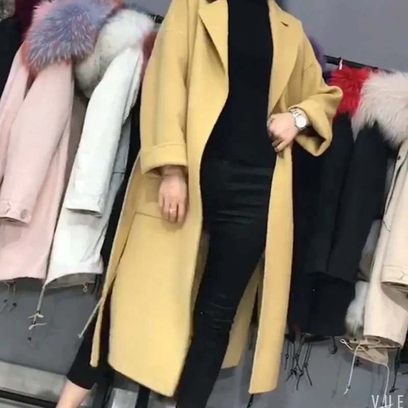 Женское зимнее шерстяное двубортное длинное твидовое пальто с открытым стежком |