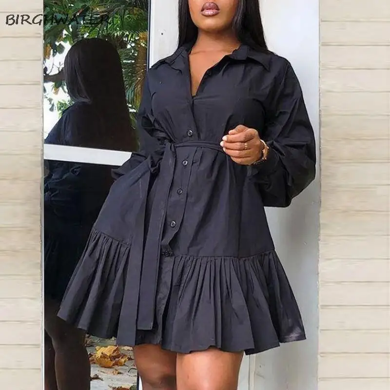 

Women Casual Shirt Dress Elegant Fashion Button Up Belt Mini Ruffle Blouse Dress White Long Sleeve Summer Office Party Dresses