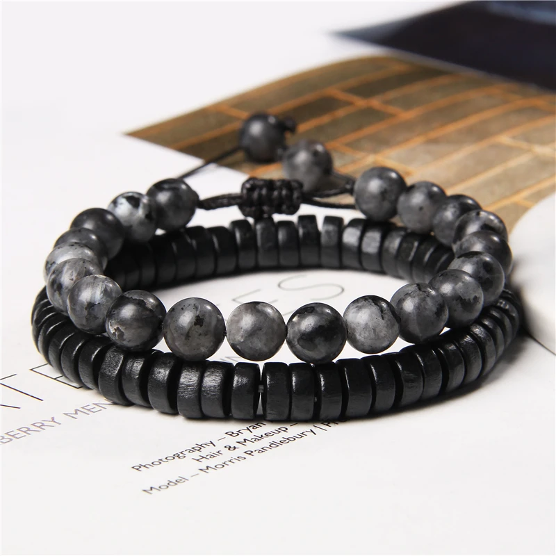

2pcs/set Natural Stone Beads Bracelet Black Wood Chip Braided Bracelets For Women Men Labradorite Jaspers Elastic Rope Pulsera