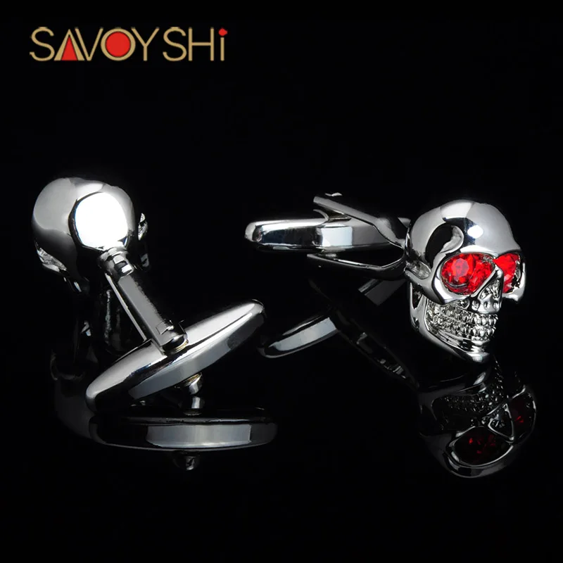 

SAVOYSHI Fashion Brand Mens Shirt Cufflinks High quality Red Crystal Silver color Skull Cuff links Halloween Party Gift Jewelry