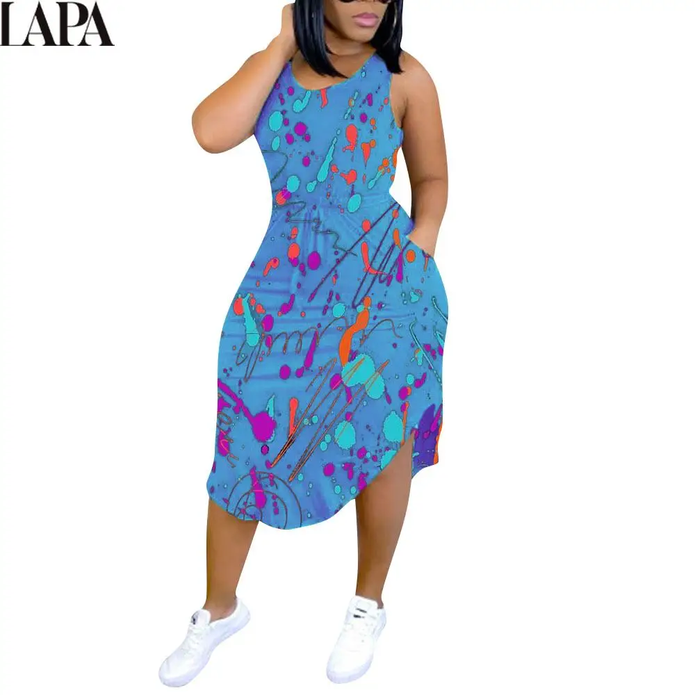 

Women Fashion Plus Size Dresses Inkjet Print Sleeveless Midi Dress O-Neck Summer Casual Pockets Tank Dress sukienki damskie