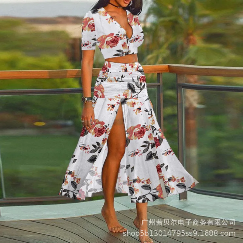 

Mandylandy Short Cardigan Top Suit Summer Women Sets V-neck Crop Tops Suits 2PCS High Slit Pleating Big Swing Skirt Beachwear