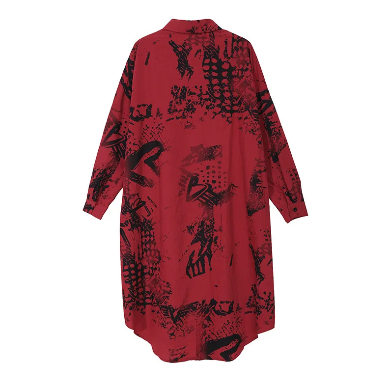 [EAM] женское черное платье-рубашка большого размера с принтом, новинка, с отворотом, с длинным рукавом, свободный крой, мода, весна-осень, 1M814