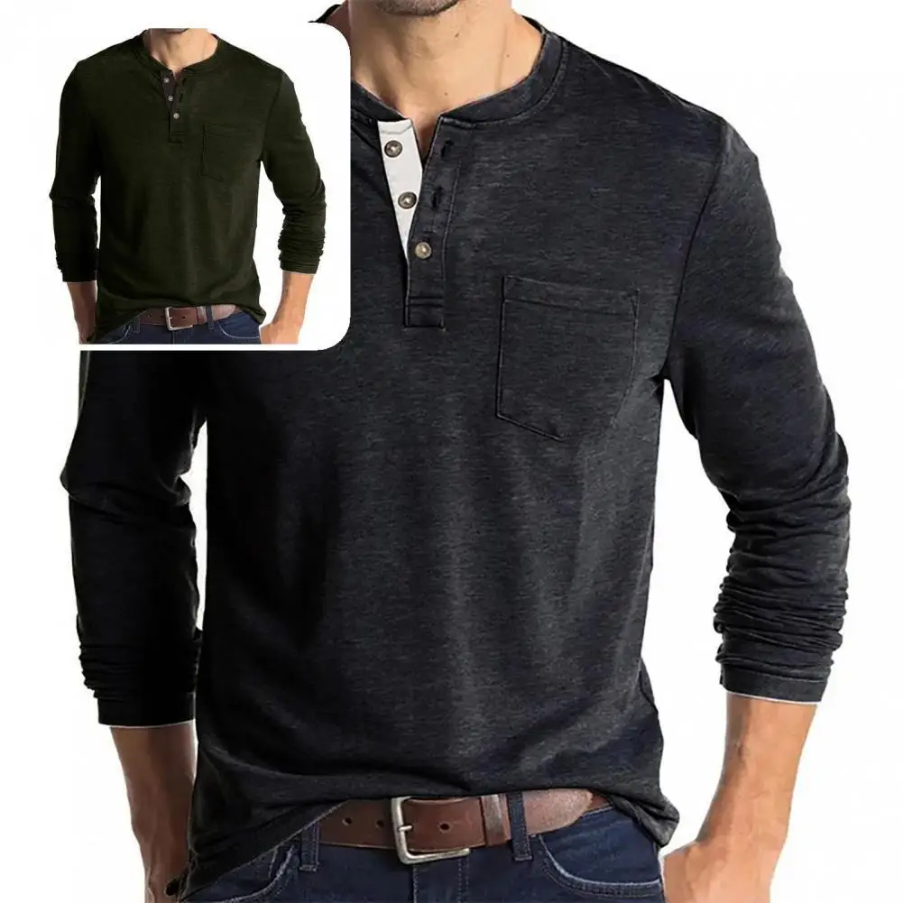 

Autumn T-shirt Crew Neck All-Match Simple Buttons Neck Slim Fit Basic Shirt Pullover Top for Autumn Winter