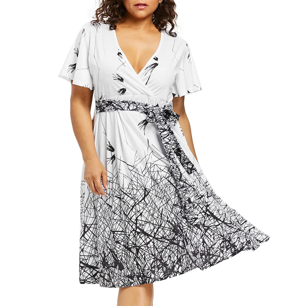 2020 модное женское платье размера плюс с v-образным вырезом коротким рукавом