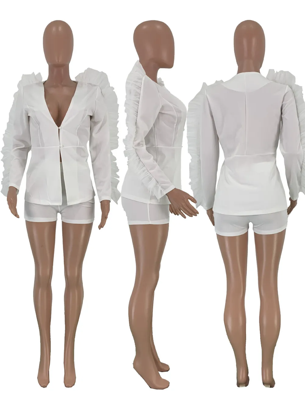 

Women Business Short Suits Ruffle Long Sleeve V-neck Blazer Coat and Shorts Suit Office Lady Two Piece Set Sexy Club Outfits