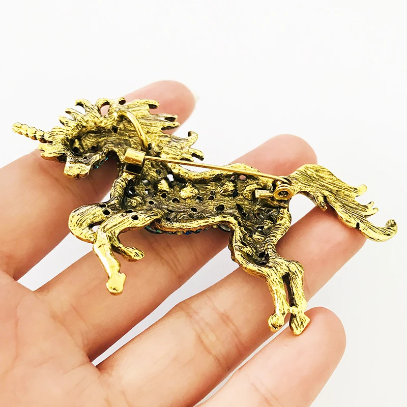 Pomlee Green Blue Rhinestone Horse Brooches For Women Unicorn Brooch Dual purpose brooch Animal Fashion Jewelry Vintage Coat Pin images - 6
