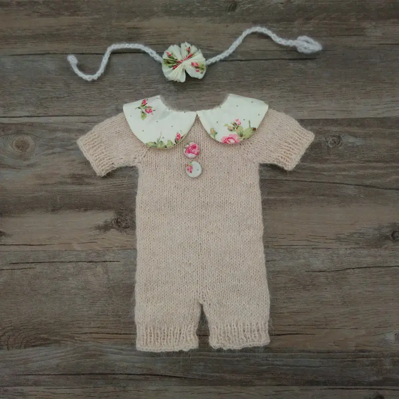 Реквизит для фотосессии новорожденных, ручной работы пряжа с шерстью норки вязаный комбинезон с повязкой на голову для детской фотосессии реквизит