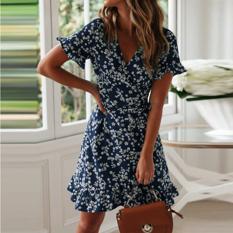 

temperament women dresses summer Fashion V-neck Ruffle Dress Short sleeve floral boho vestidos