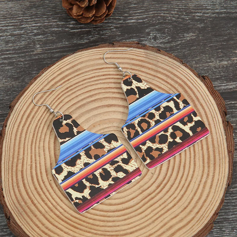 

Classical Vintage Leopard Colorful Stripes Leather Cow Tag Dangle Drop Earrings for Women Western Jewelry Daily Gift Wholesale