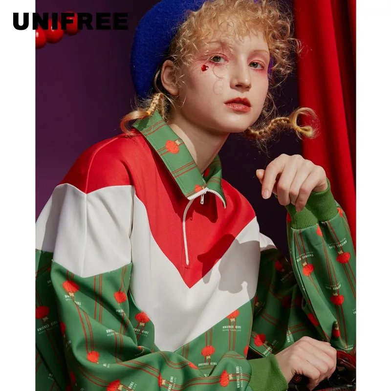 

Unifree2020 spring contrast polo collar simple Pullover women's loose Vetiver warm U194A937PP