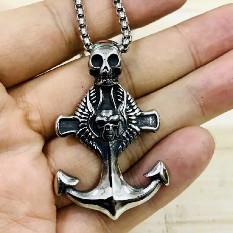 

Retro Anchor Skull Pendant Necklace Men Stainless Steel Fashion Jewelry 24" Chain