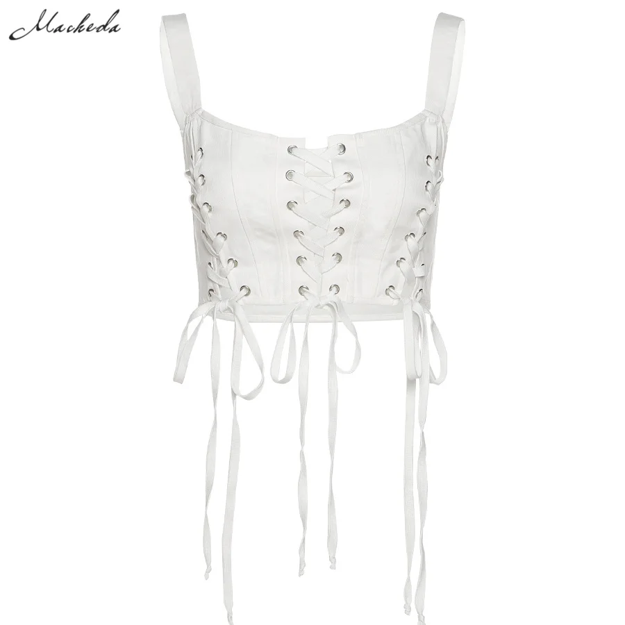 

White Sexy Lace Up Slim Tank Top Women knitting Sleeveless Fashion Cropped Top Y2K Lady Street Clothing 2021 New