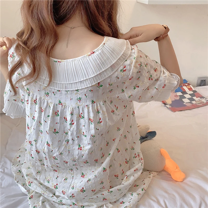 

CBAFU cotton linen nightgowns home clothes floral print short sleeve summer sleepwear dress japan style thin nightdress M781