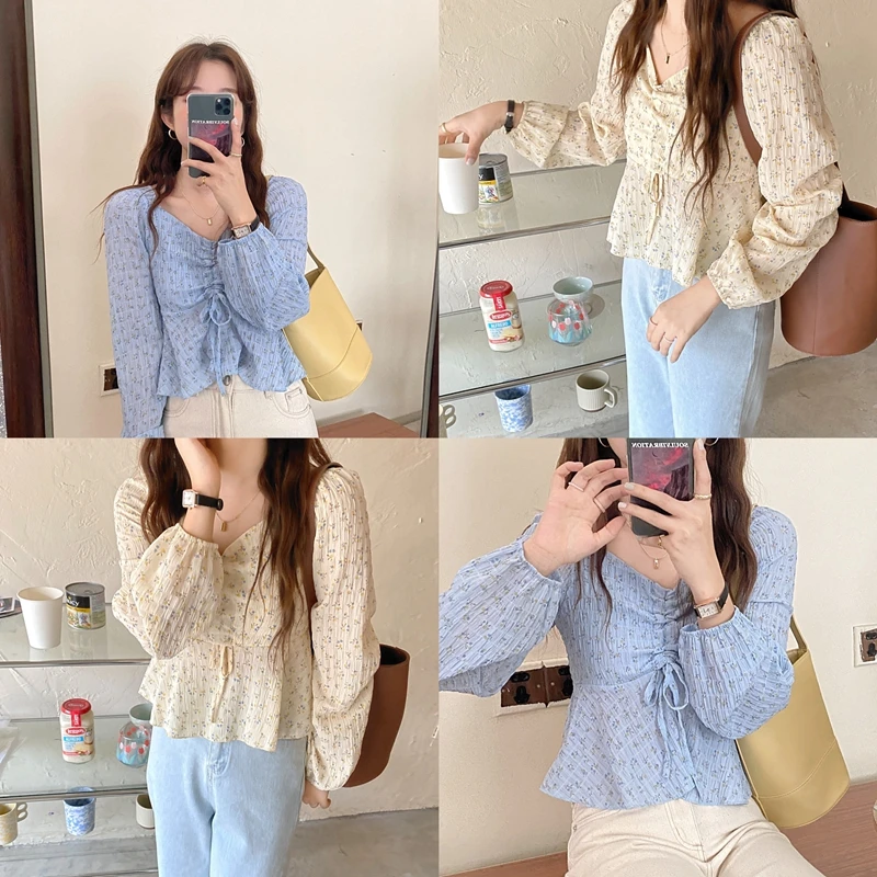

Houthion Long Sleeve Women's Blouse Floral V-neck Korean Fashion Tops Casual Comfortable Chiffon Shirt