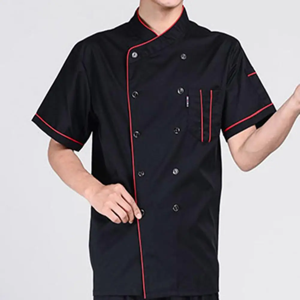 

Men Double-breasted Loose Fit T-shirt Short Sleeve Stand Collar Chef Waiter Uniform Wear-resistant Skin-friendly Male Blouse Top