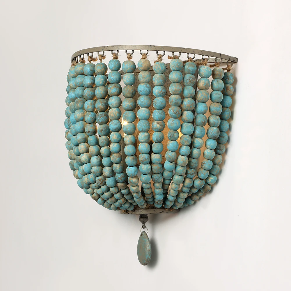 

European retro wooden beads wall lamp bedroom bedside cafe LED wall lights holiday makeup room personality decorative lighting