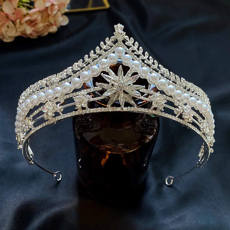 

Silver Color Crystal Peal Crown and Tiara Wedding Hair Accessories Bridal Tiaras Hair Crown Wedding Headpiece Women Diadem 2021
