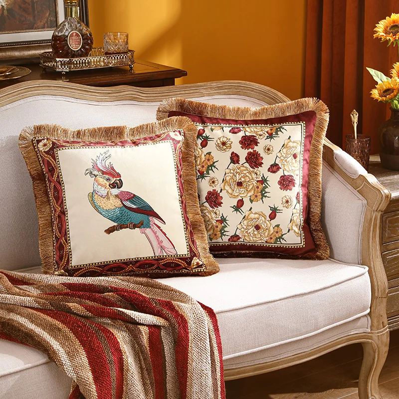 

2022 Cushion Cover Decorative Pillow Case Artistic Tassel Modern Luxury Parrot Flora Soft Velvet Sofa Chair Bedding Coussin