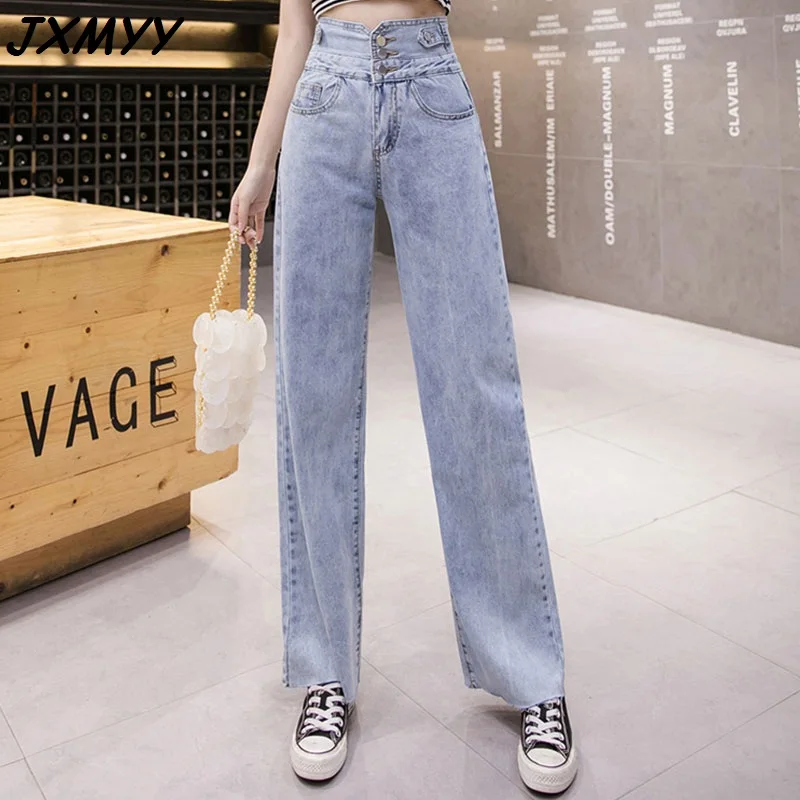

Super high-waisted jeans women's autumn 2021 new style buttoned loose, small, thin, straight, wide-leg pants trendy JXMYY