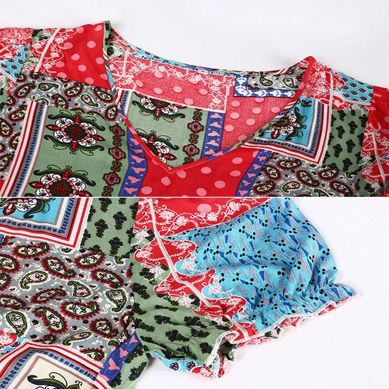 

Summer Casual Short Sleeve Dress Women Cotton Print V-neck High Waist Knee-length Dress