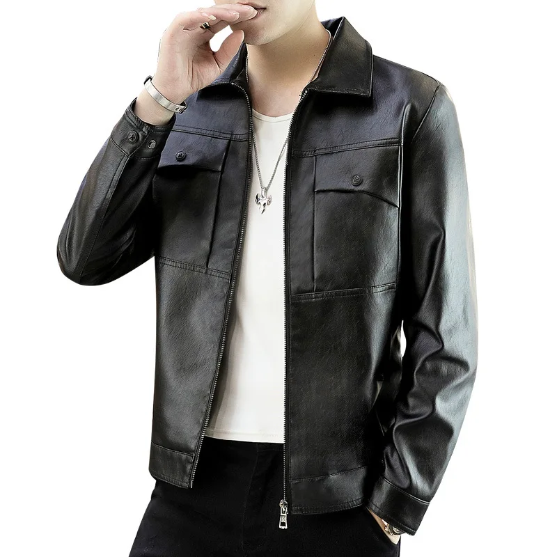 

2020 Men's New Autumn Trend Slim Handsome Lapel Leather Jacket Fashion Youth PU Leather Jacket