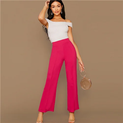 Bright Pink SHEIN Однотонные Широкие Прямые Брюки Офисные Стильные Брюки - Цвет: Bright Pink