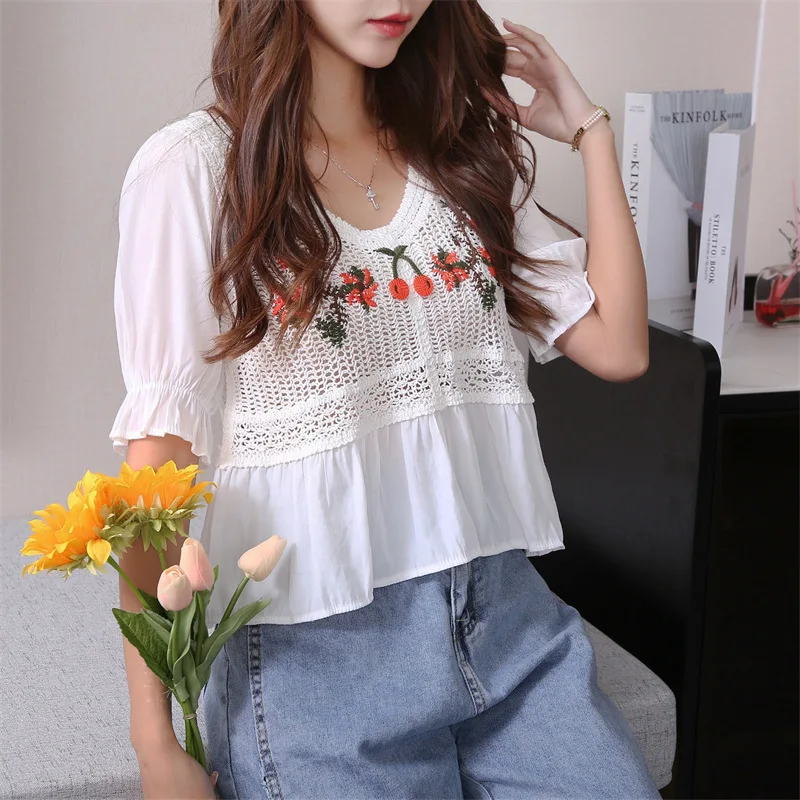 

2021 Vintage Women Blouse Summer Short Sleeve Small Cherry Embroidery Shirts Flower Crochet Women's Clothing Chiffon Short Tops