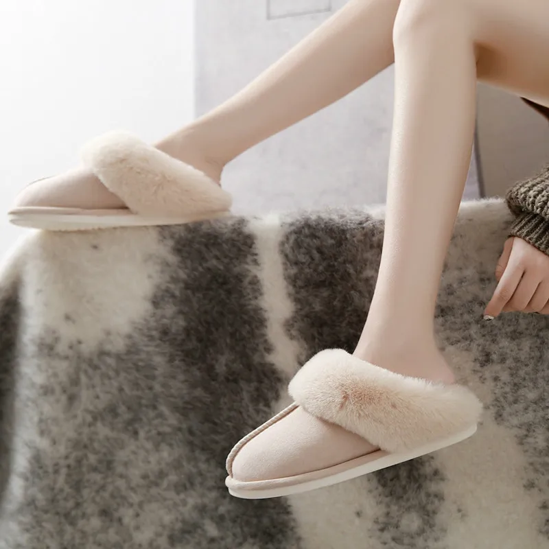 

Luxury Faux Suede Home Women Full Fur Slippers Winter Warm Plush Bedroom Non-Slip Couples Shoes Indoor Ladies Furry Slippers