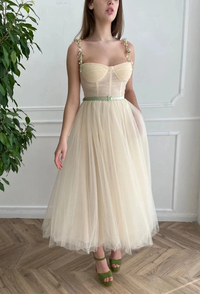 

BridalAffair Elegnat Champagne Spaghetti Straps Tulle Prom Dresses Sweetheart Off Shoulder Backless A Line Tea Length Party Gown