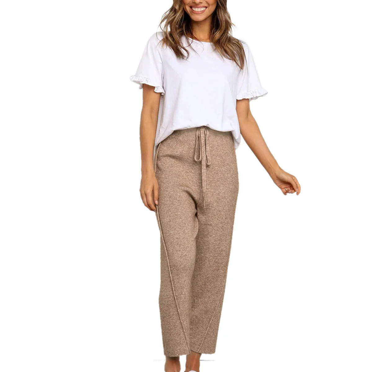 

Women Fashion Knitted Casual Trousers Girl Korean Waist Bandage Solid Color Straight Long Pants