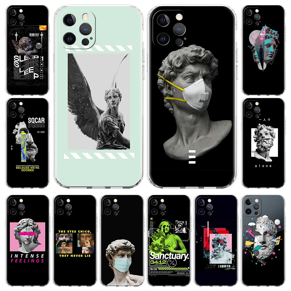 

Cartoon Statue Abstract Art Transparent Cover for iPhone 13 12 11 Pro Max 8 7 Plus SE 2020 X XR XS Max Shell Soft TPU Phone Case