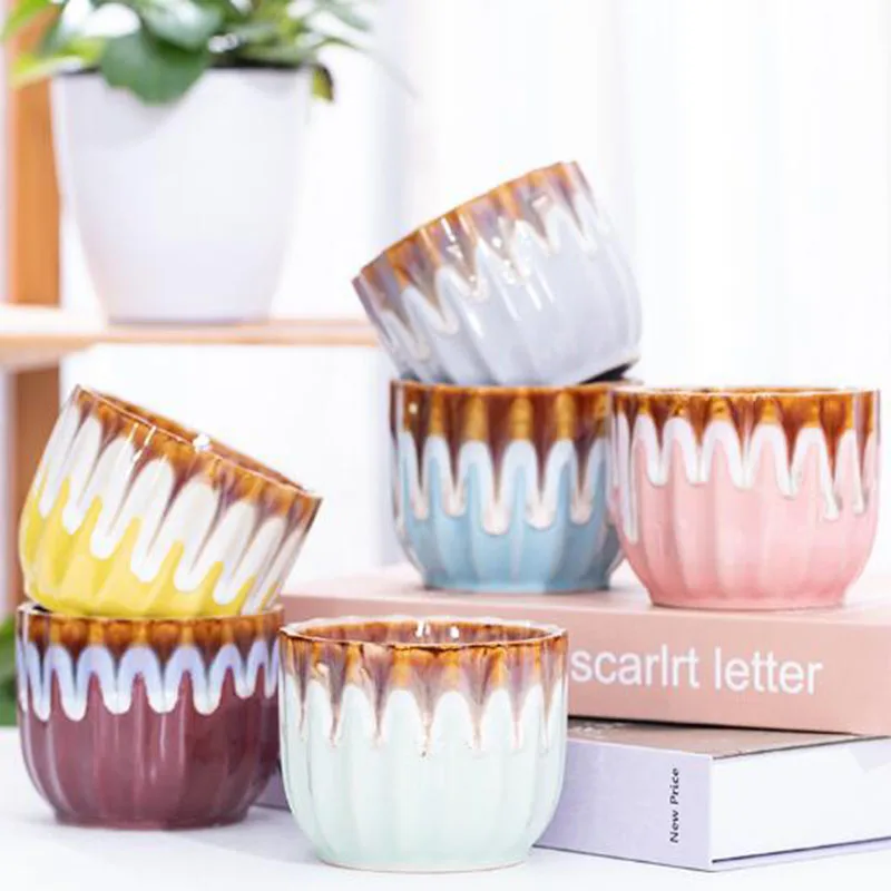 

6pcs/set Fleshy Flowerpot Vase with A Hole Ceramic Crafts Home Garden Decor Simple Style Colorful Glazed Green Plant Pot