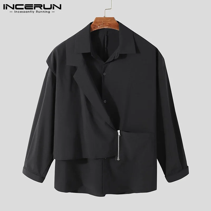 2022 Fashion Men Casual Shirt Lapel Patchwork Long Sleeve Button Zipper Streetwear Fake Two Pieces Tops Camisas S-5XL INCERUN
