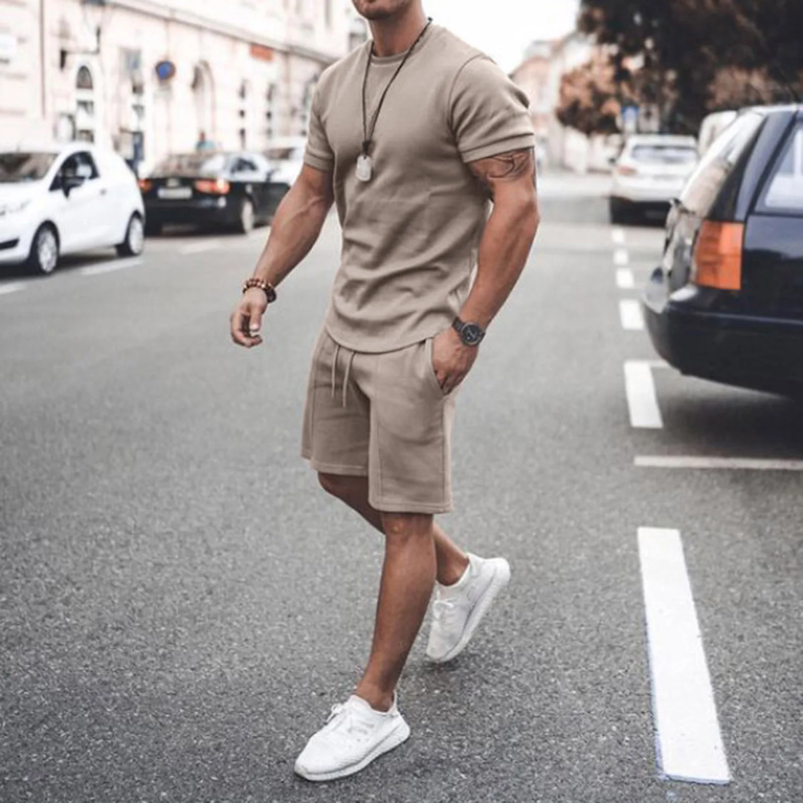 

2021 Men's Casual Suit Cotton T-Shirt + Shorts Suit Men's Sportswear Sportswear Summer Sportswear