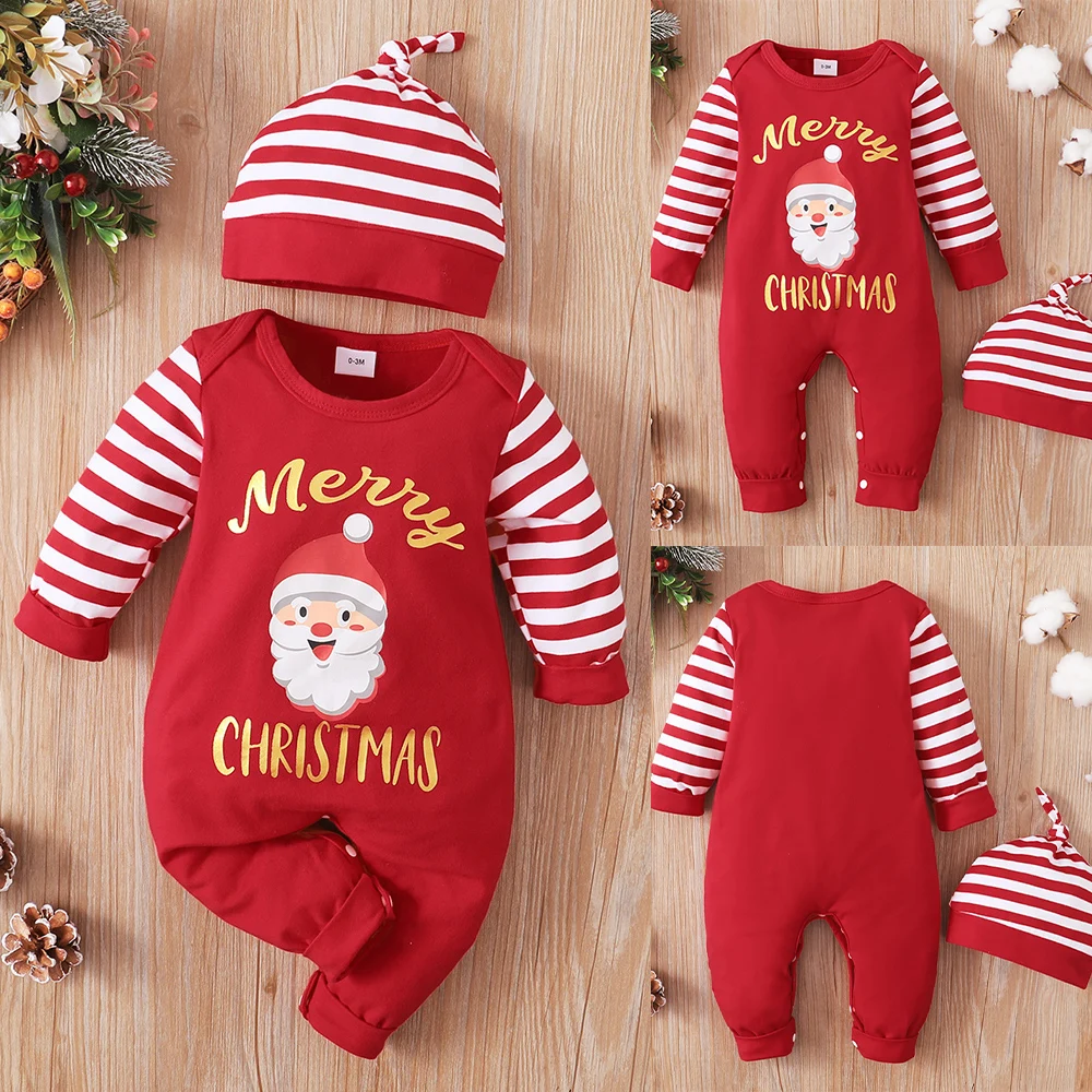 

Merry Christmas Newborn Boy Girl Clothes Set Striped Printed Red White Autumn Spring Unisxy Romper Bodysuit Set