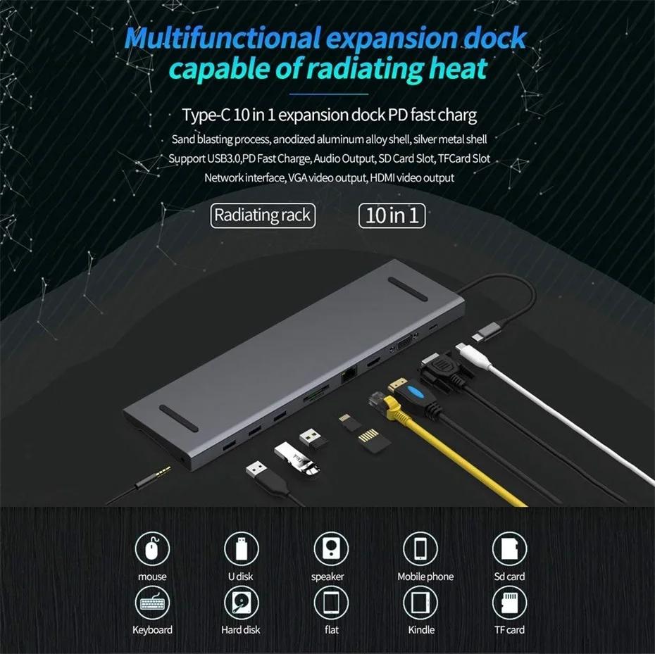 10 в 1 концентратор USB 3,1 C 4K док-станция type C HDMI RJ45 Gigabit Lan PD источник питания thunderbolt 3 Для iMac air surface book