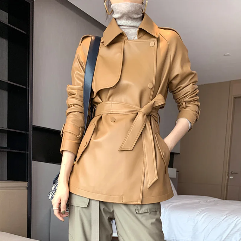 Cute Slim Fit Medium Length Khaki Overcoat with Belt Classic 2021 New Real Leather Office Coat Women's Spring Sheepskin Jacket