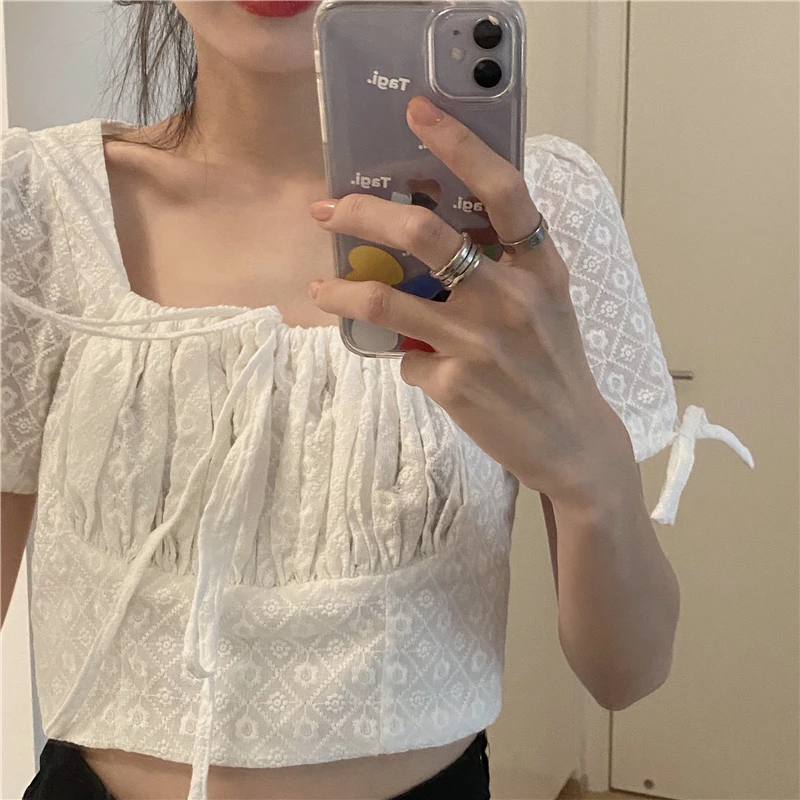 

Women's Shirts Ulzzang Japanese Kawaii Vintage Embroidered Square Neck Tie Shirt Female Korean Harajuku Cute Clothes for Women