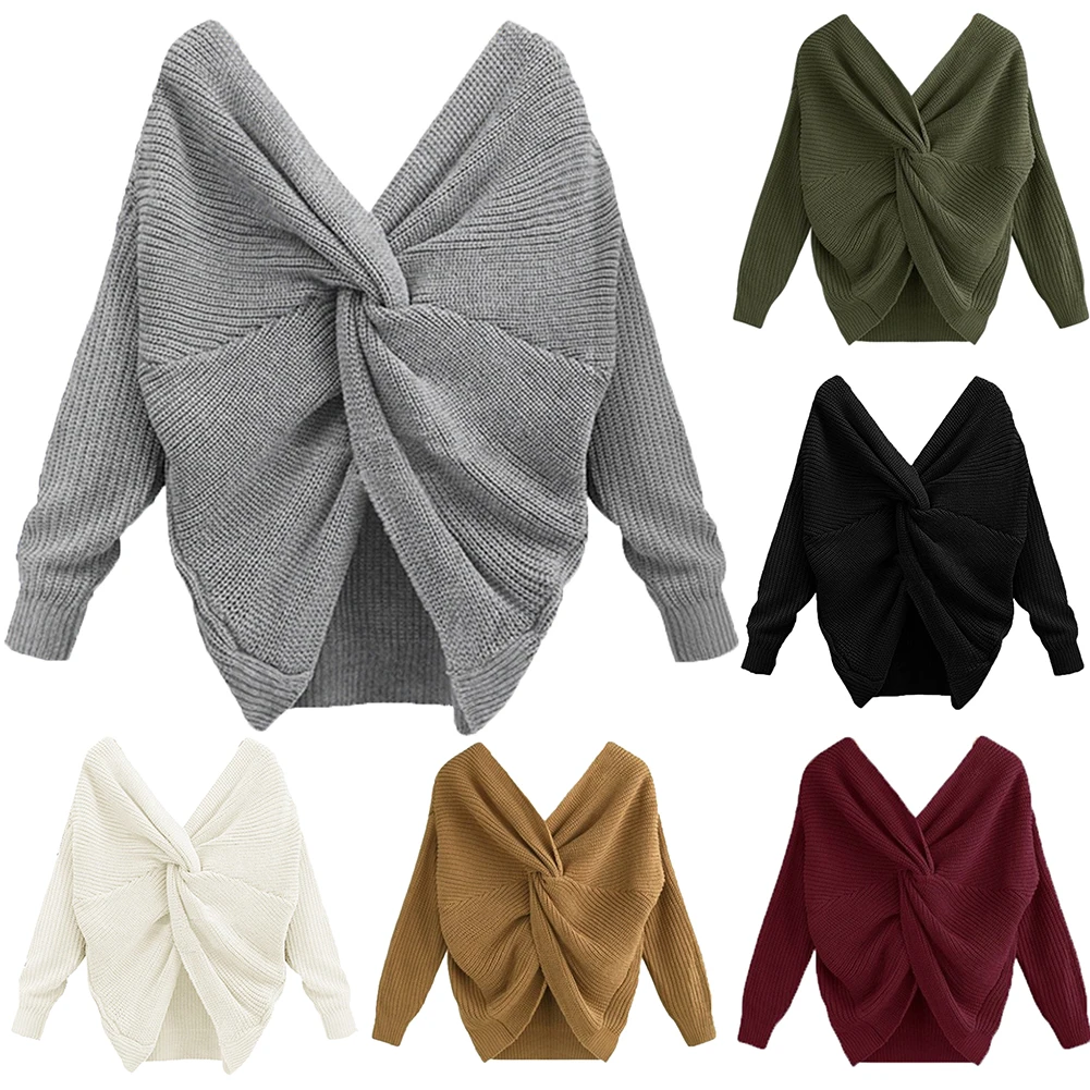 Autumn Winter Women Sweaters Twisted Backless Jumpers Solid Color Slim V Neck Sweater Jumper | Женская одежда