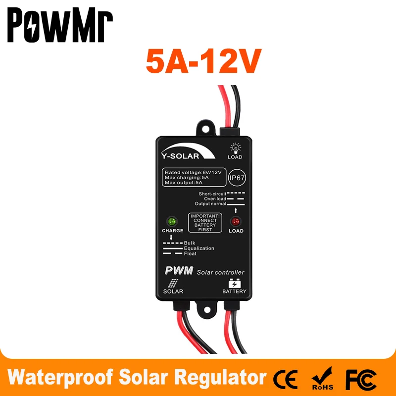 PowMr  5A Solar Charge and Discharge Controller 12V Waterproof Solar Regulator for Max 60W 24V Solar Panel Input Outdoor Using