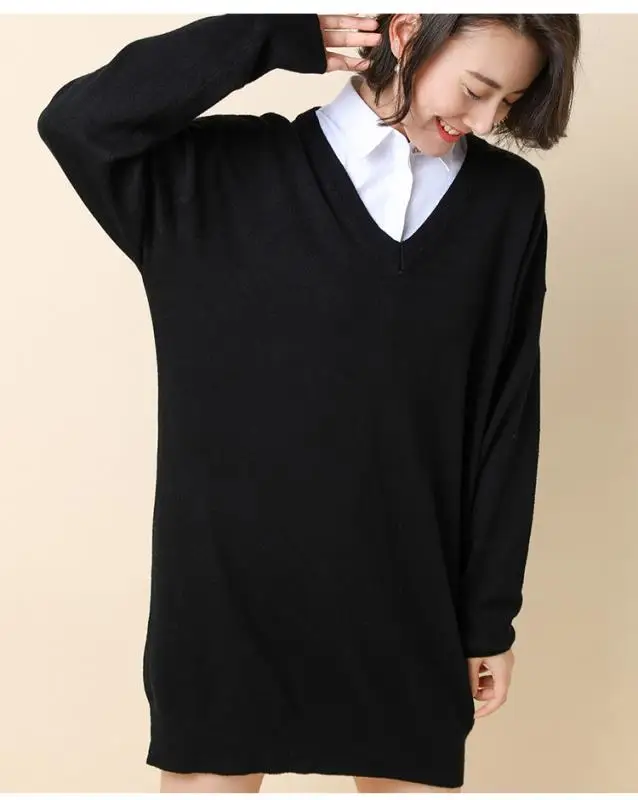 Spring Autumn Winter New Women Lady Cashmere Wool Long Sweater Pullovers Solid V-Neck Casual Big Size Warm Wild Loose Fashion