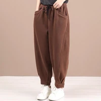 2020 autumn winter new arts style women elastic waist loose casual pants double pocket cotton warm harem pants plus size s107