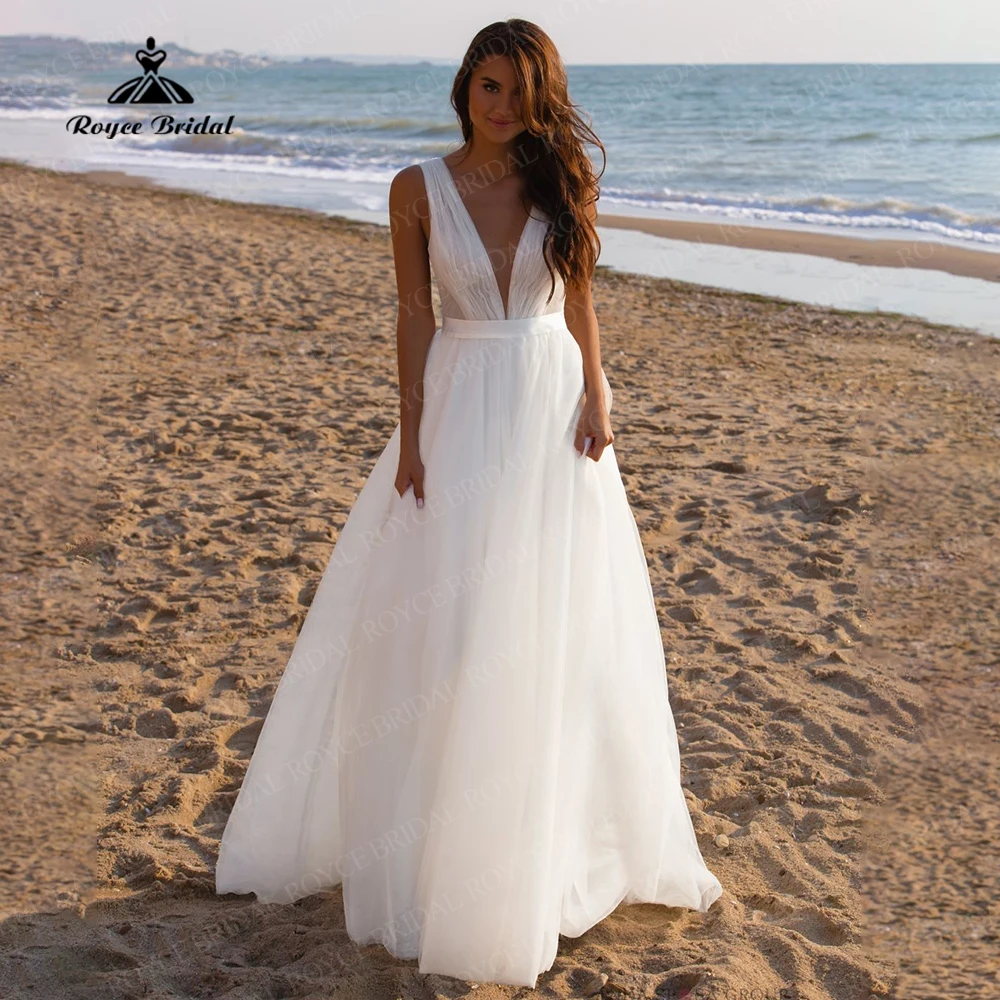 

Elegant Beach Wedding Dress V Neck Boho Simple Bride Dress Sweep Train Wedding Gown Custom Made vestidos elegantes Ivory Gowns