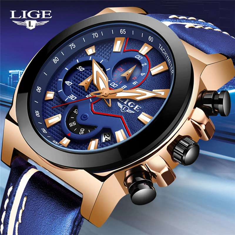 LIGE мужские s часы лучший бренд класса люкс модные деловые Часы синие кожаные