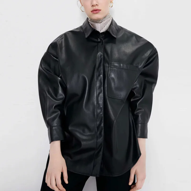 Винтажная черная блузка из искусственной кожи Женский Топ с пышными рукавами
