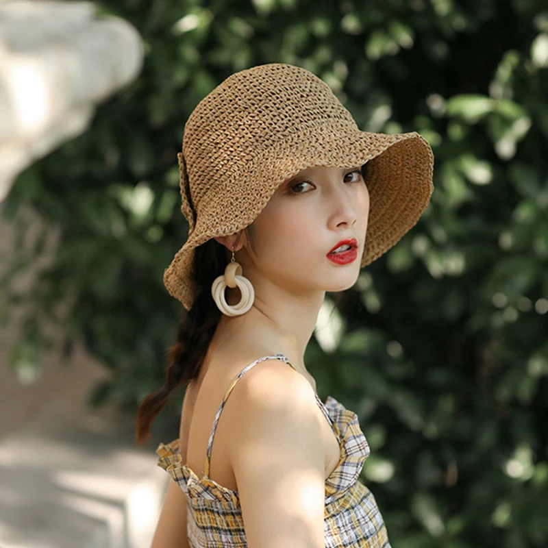 Летние шляпы для женщин 100% рафия бант шляпа от солнца с широкими полями флоппи