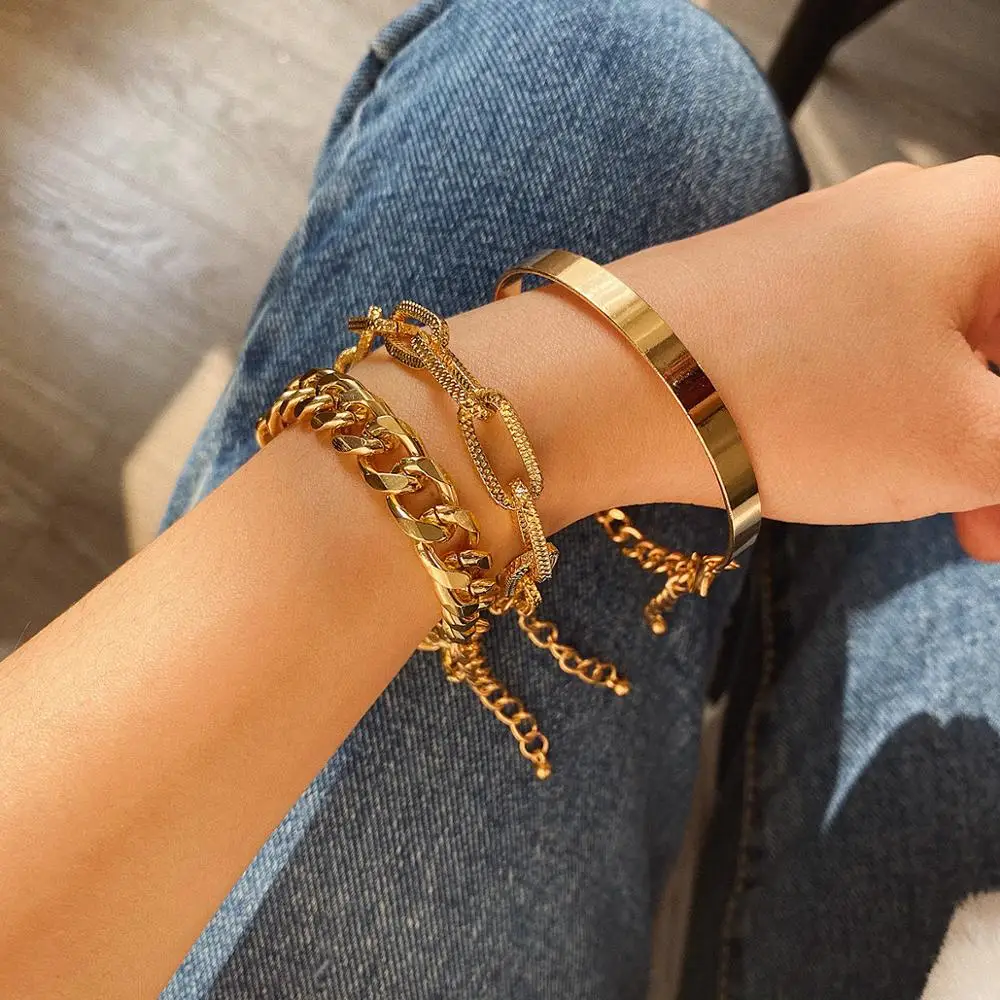 ZX Wholesale Personalized Layers Metal Chain Bracelet for Women Hip Hop Punk Gold Plated Maxi Bangle Jewelry Female Bijoux Gifts | Украшения